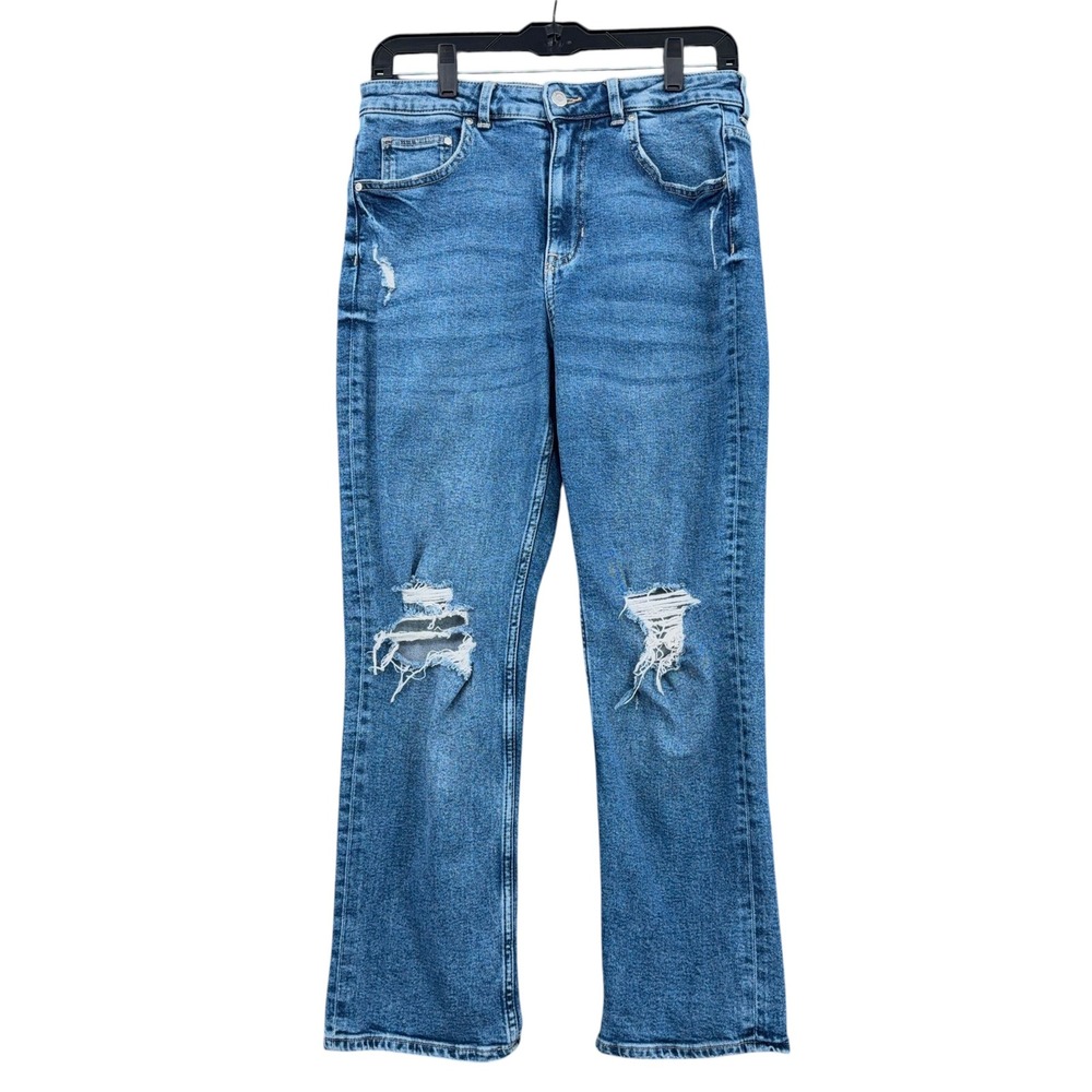 H&M &Denim Straight‎ High Waist Ankle Women 8 Cotton Blue Distressed Jeans